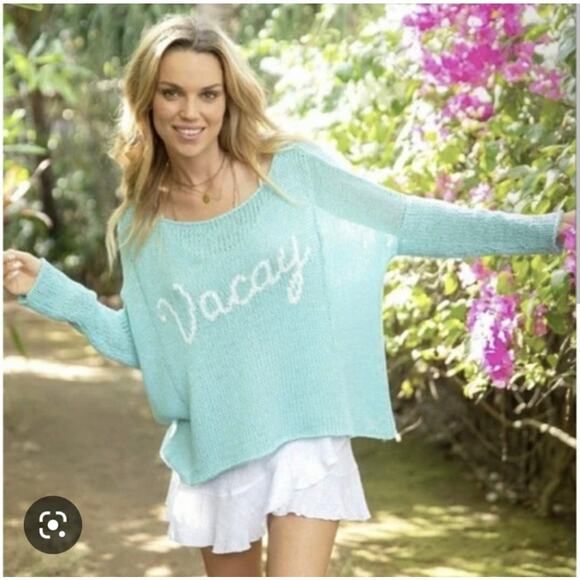 Wooden ships Vacay Blue Slouchy Open Knit Sweater Beach Coastal Small Medium - Picture 1 of 9